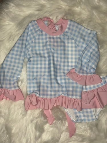 Two Piece Rashguard Swim Blue and Pink Plaid